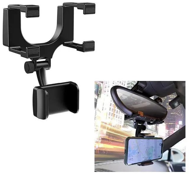 Alt view image 2 of 6 - Rear View Mirror Phone Holder Mount, Car Phone Bracket/Stand with 270° Swivel and Adjustable Clips, Universal Smartphone Cradle, Black