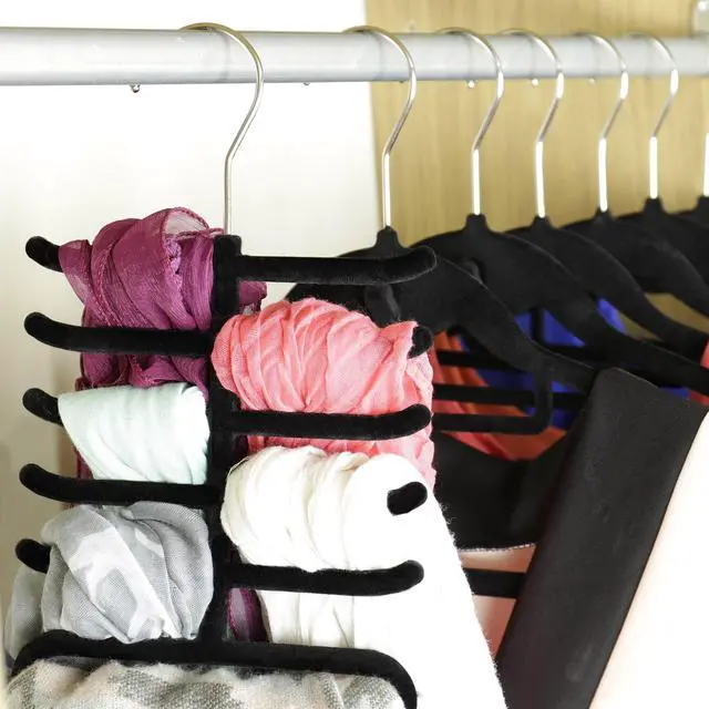 Alt view image 3 of 6 - Single Black Flocked Tie Rack & Belt Organiser Non-Slip Coat Clothes Accessory Hanger, Metal