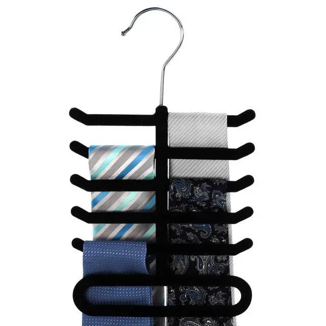 Alt view image 2 of 6 - Single Black Flocked Tie Rack & Belt Organiser Non-Slip Coat Clothes Accessory Hanger, Metal