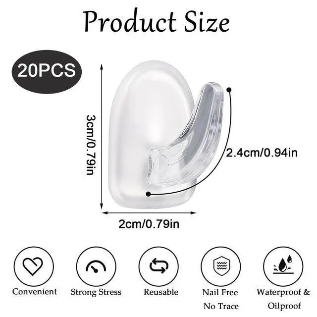 Alt view image 2 of 7 - 20 PCS Clear Adhesive Hooks for Hanging, Plastic Small Acrylic Sticky Wall Hooks with Non Marking Sticker for Home Kitchen Bathroom Bedroom Office