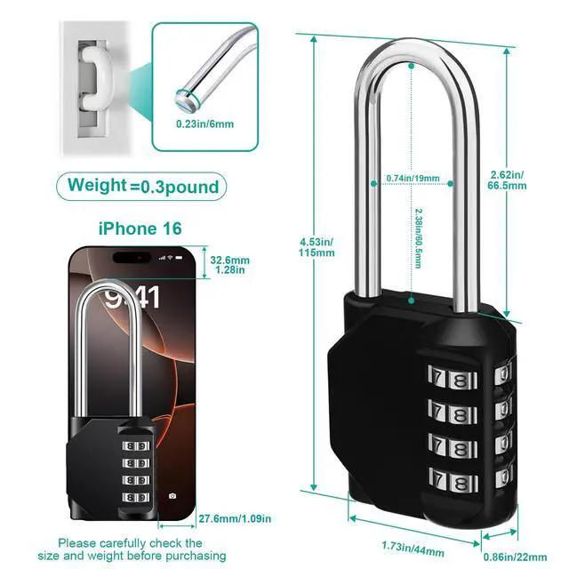 Alt view image 2 of 7 - Long Shackle Padlock, 4.53" Height, 2.62" Shackle Height (Black)