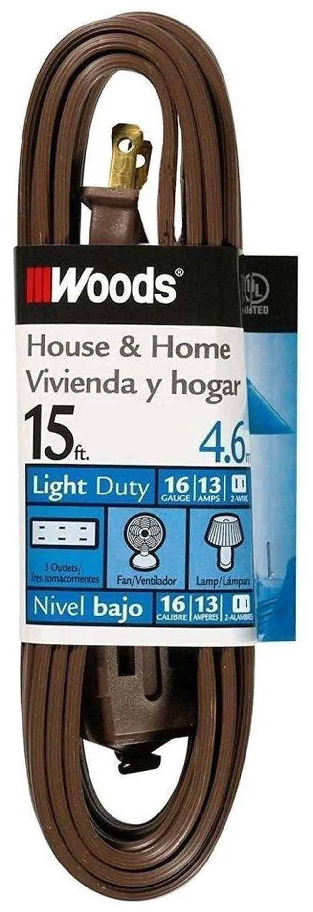 Main image of Light Duty Indoor Extension Cord - Durable Vinyl Jacket with Safety Covers for Protected Power - 3 Outlet Cube Tap - 16 Gauge, SPT-2 - Brown - 15 Feet