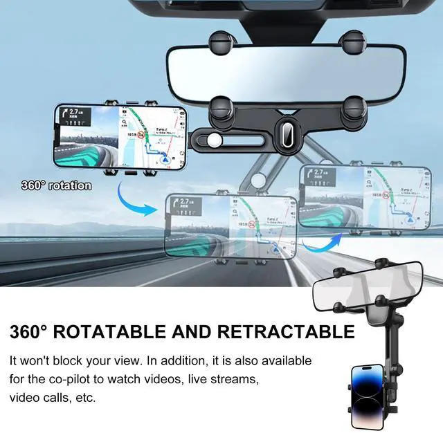 Alt view image 4 of 6 - Rear View Mirror Phone Holder, 360° Rotatable Multifunctional Rearview Mirror Mobile Phones Mount, Universal Car Retractable Anti-Shake Design Holder for Smartphones (4 Claws)