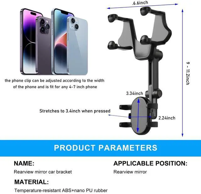 Alt view image 2 of 6 - Rear View Mirror Phone Holder, 360° Rotatable Multifunctional Rearview Mirror Mobile Phones Mount, Universal Car Retractable Anti-Shake Design Holder for Smartphones (4 Claws)