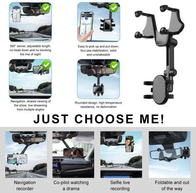Alt view image 6 of 6 - Rear View Mirror Phone Holder, 360° Rotatable Multifunctional Rearview Mirror Mobile Phones Mount, Universal Car Retractable Anti-Shake Design Holder for Smartphones (4 Claws)