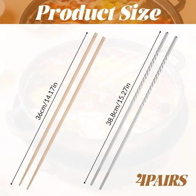 Alt view image 2 of 7 - 4 Pairs Cooking Chopsticks Long, 15.3 Inch & 14.1 Inch Stainless Chopsticks Wooden Chopstick Extra Long Cooking Chopstick for Kitchen Frying Hot Pot Non Slip Threaded Silver, Wood