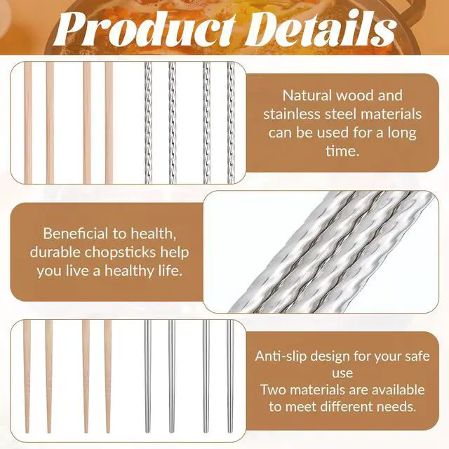 Alt view image 3 of 7 - 4 Pairs Cooking Chopsticks Long, 15.3 Inch & 14.1 Inch Stainless Chopsticks Wooden Chopstick Extra Long Cooking Chopstick for Kitchen Frying Hot Pot Non Slip Threaded Silver, Wood