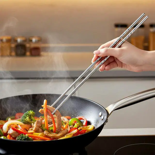 Alt view image 5 of 7 - 4 Pairs Cooking Chopsticks Long, 15.3 Inch & 14.1 Inch Stainless Chopsticks Wooden Chopstick Extra Long Cooking Chopstick for Kitchen Frying Hot Pot Non Slip Threaded Silver, Wood