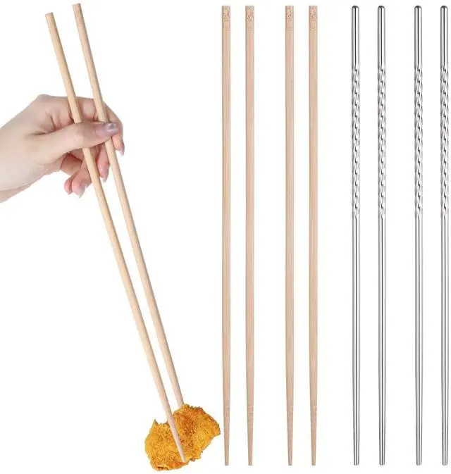Main image of 4 Pairs Cooking Chopsticks Long, 15.3 Inch & 14.1 Inch Stainless Chopsticks Wooden Chopstick Extra Long Cooking Chopstick for Kitchen Frying Hot Pot Non Slip Threaded Silver, Wood