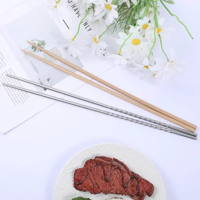 Alt view image 7 of 7 - 4 Pairs Cooking Chopsticks Long, 15.3 Inch & 14.1 Inch Stainless Chopsticks Wooden Chopstick Extra Long Cooking Chopstick for Kitchen Frying Hot Pot Non Slip Threaded Silver, Wood