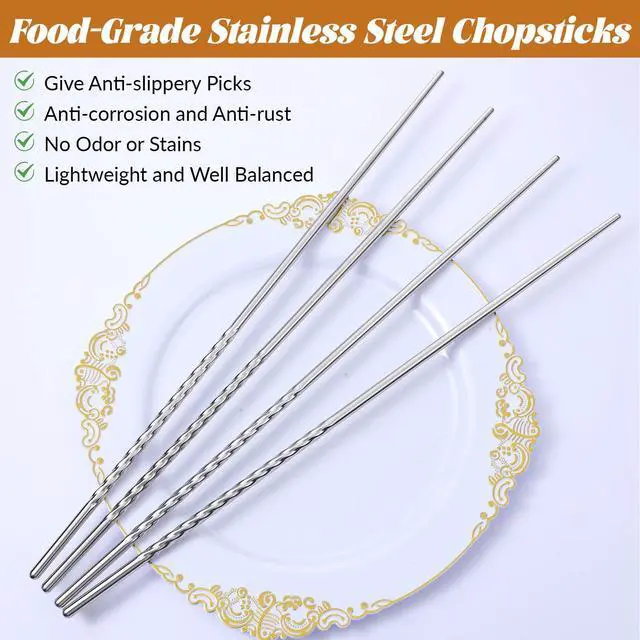 Alt view image 4 of 7 - 4 Pairs Cooking Chopsticks Long, 15.3 Inch & 14.1 Inch Stainless Chopsticks Wooden Chopstick Extra Long Cooking Chopstick for Kitchen Frying Hot Pot Non Slip Threaded Silver, Wood