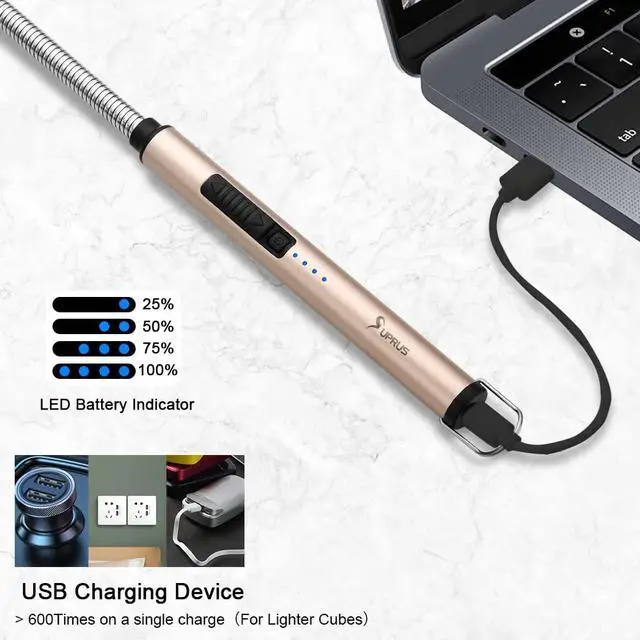 Alt view image 4 of 7 - Electric Candle Lighter USB Type C Rechargeable Lighter Steel Shell & Hanging Hook with 360° Flexible Neck(Gold)