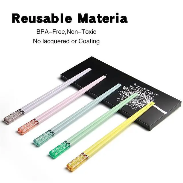 Alt view image 3 of 7 - Fiberglass Chopsticks Reusable, 5 Pairs Dishwasher Safe Non-Slip Chopstick Set, Japanese Cherry Blossom Design, 9.56" Lightweight for Sushi Ramen Hot Pot