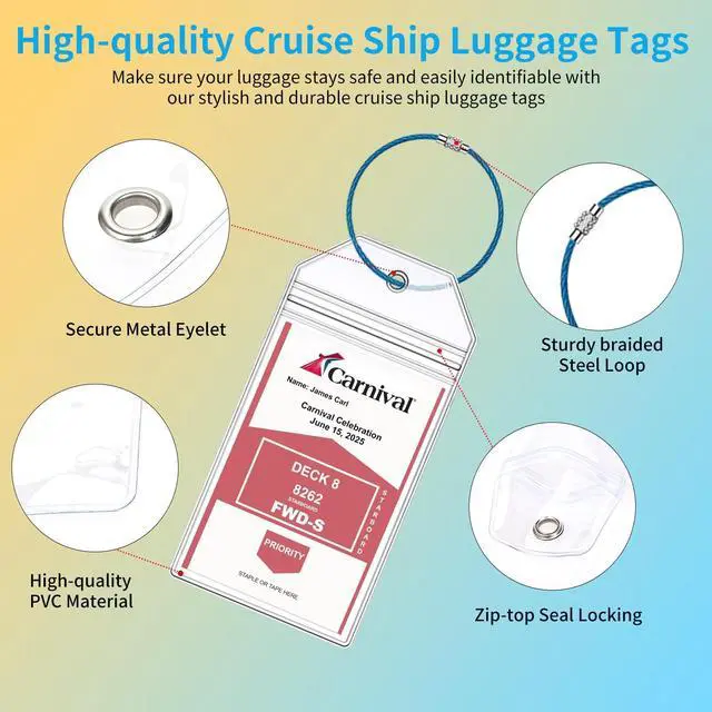 Alt view image 3 of 5 - Carnival Cruise Luggage Tag Holders, 8 Pcs Zip Seal Clear Cruise Luggage Tag Holder with Steel Loops for All Carnival Cruise Line Ships & Tags for Cruises in 2025 & 2026