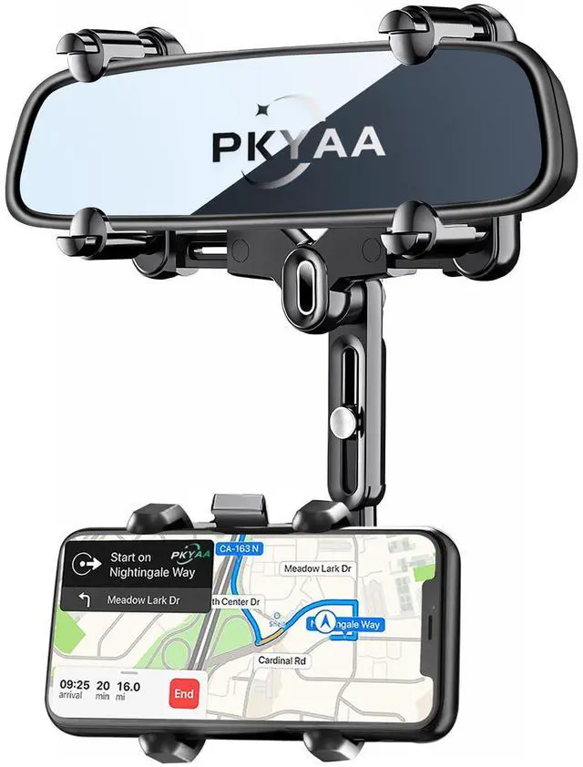 Main image of Rearview Mirror Phone Holder for Car, 360° Rotating Rear View Mount with Adjustable Arm Length, Upgraded Four Corners Fixed Anti-Shake Multifunctional Design for All Smartphones
