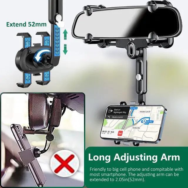 Alt view image 4 of 6 - Rearview Mirror Phone Holder for Car, 360° Rotating Rear View Mount with Adjustable Arm Length, Upgraded Four Corners Fixed Anti-Shake Multifunctional Design for All Smartphones