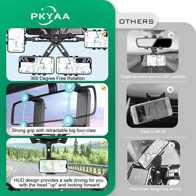 Alt view image 6 of 6 - Rearview Mirror Phone Holder for Car, 360° Rotating Rear View Mount with Adjustable Arm Length, Upgraded Four Corners Fixed Anti-Shake Multifunctional Design for All Smartphones