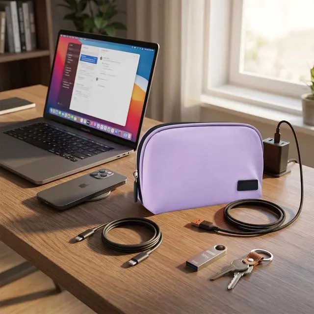 Alt view image 5 of 7 - Electronics Organizer Travel Case, Waterproof Cable Organizer Bag, Tech Pouch Accessories Carry Case, Travel Essentials for Cord, Cable, Charger, Phone, Power Bank, SD Card, Earphone, Purple
