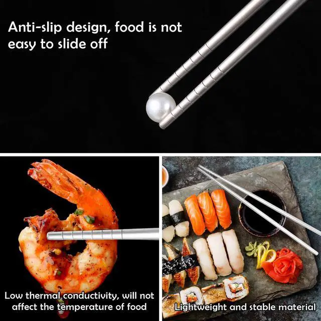 Alt view image 5 of 7 - 2 Pairs Titanium Chopsticks, Pure Titanium Metal Chopsticks, Ultralight and Reusable Chopstick, Durable Dishwasher Safe Eco-Friendly, for Camping Home Travel, Silver, 9 inch