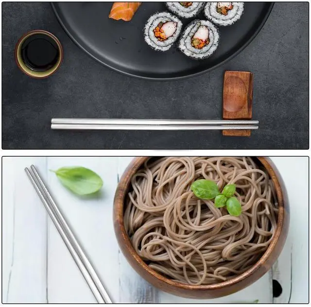 Alt view image 6 of 7 - 2 Pairs Titanium Chopsticks, Pure Titanium Metal Chopsticks, Ultralight and Reusable Chopstick, Durable Dishwasher Safe Eco-Friendly, for Camping Home Travel, Silver, 9 inch