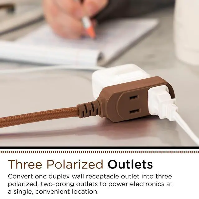 Alt view image 2 of 6 - Designer 3-Outlet Extension Cord, 2 Prong Power Strip, Extra Long 8 Ft Cable with Flat Plug, Braided Chevron Fabric Cord, Slide-To-Lock Safety Outlets, Solid Brown, 39982