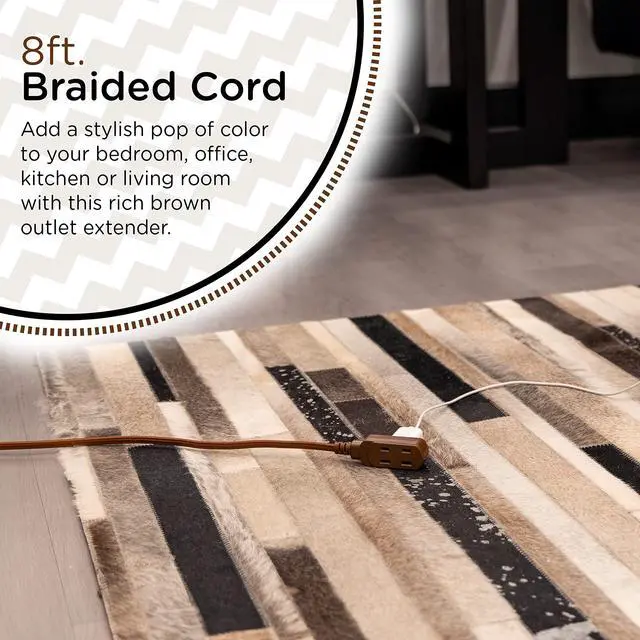 Alt view image 3 of 6 - Designer 3-Outlet Extension Cord, 2 Prong Power Strip, Extra Long 8 Ft Cable with Flat Plug, Braided Chevron Fabric Cord, Slide-To-Lock Safety Outlets, Solid Brown, 39982