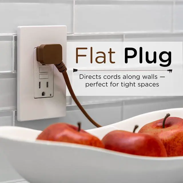 Alt view image 5 of 6 - Designer 3-Outlet Extension Cord, 2 Prong Power Strip, Extra Long 8 Ft Cable with Flat Plug, Braided Chevron Fabric Cord, Slide-To-Lock Safety Outlets, Solid Brown, 39982