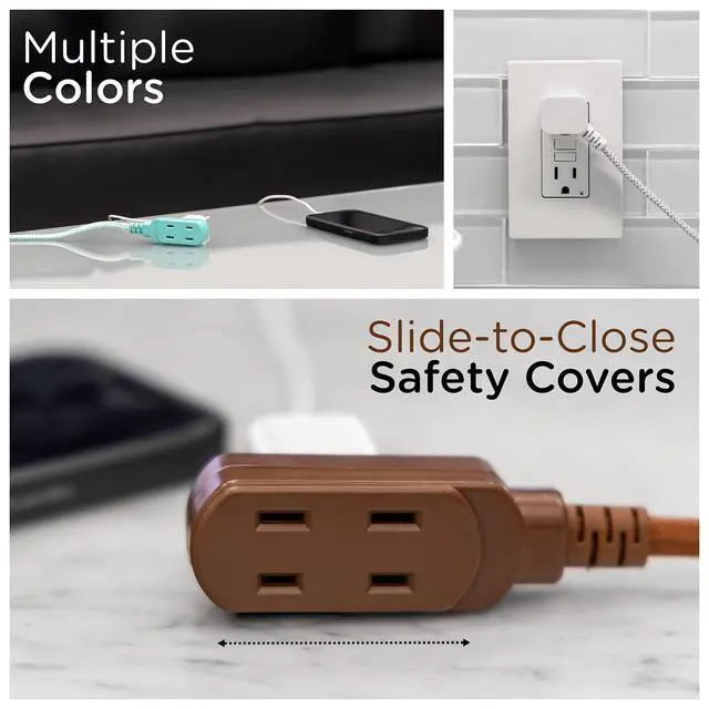 Alt view image 6 of 6 - Designer 3-Outlet Extension Cord, 2 Prong Power Strip, Extra Long 8 Ft Cable with Flat Plug, Braided Chevron Fabric Cord, Slide-To-Lock Safety Outlets, Solid Brown, 39982