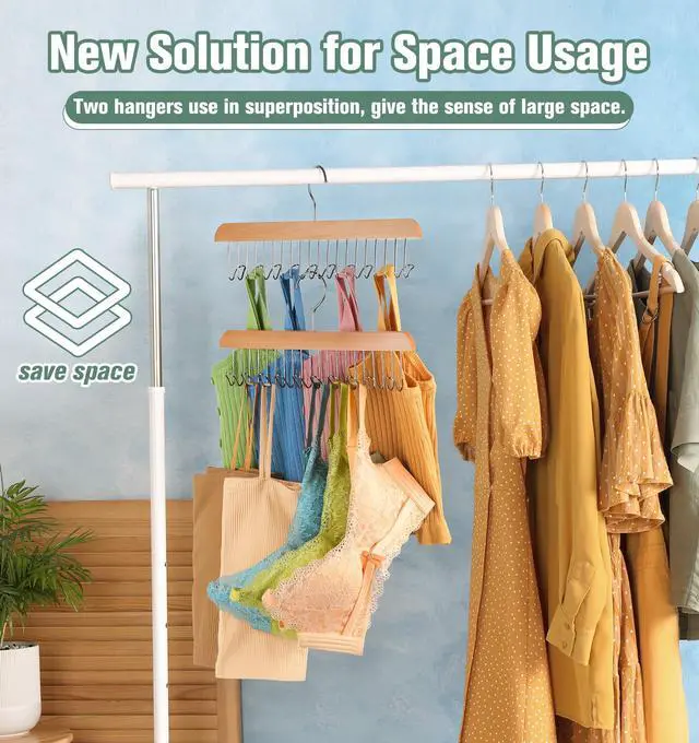 Alt view image 4 of 7 - 2 Pack Bra Hangers for Closet Organizer, Wood Tank Top Hangers Space Saving