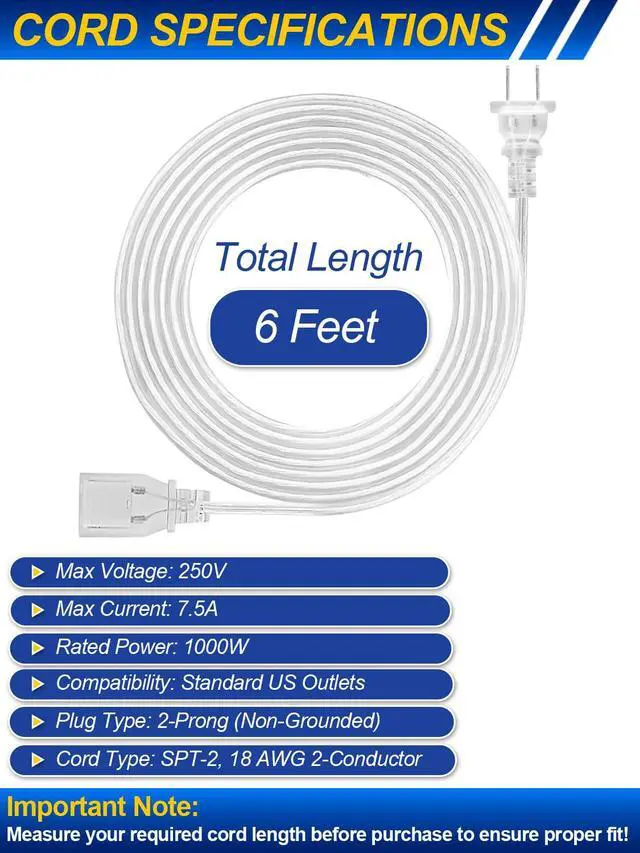 Alt view image 6 of 7 - Clear Extension Cord Indoor Thin 6FT, 2 Prong Polarized Power Cable