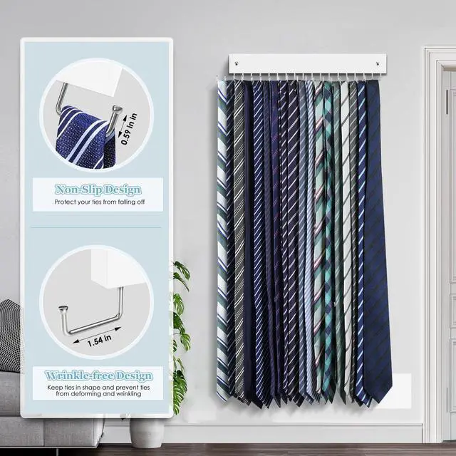 Alt view image 4 of 7 - Tie Rack Belt Hanger Wall Mounted Tie Organizer White 1 Pack
