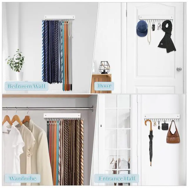 Alt view image 5 of 7 - Tie Rack Belt Hanger Wall Mounted Tie Organizer White 1 Pack