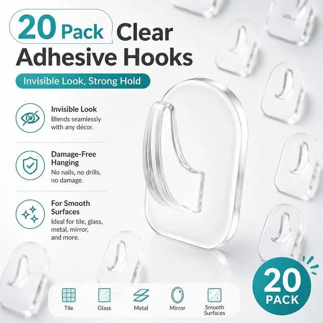 Alt view image 4 of 7 - 20 Pack Invisible Adhesive Hooks Heavy Duty Clear Wall Hangers, Damage-Free Removable Hooks for Bathroom, Kitchen Home Organization