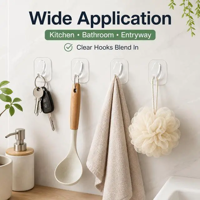 Alt view image 3 of 7 - 20 Pack Invisible Adhesive Hooks Heavy Duty Clear Wall Hangers, Damage-Free Removable Hooks for Bathroom, Kitchen Home Organization