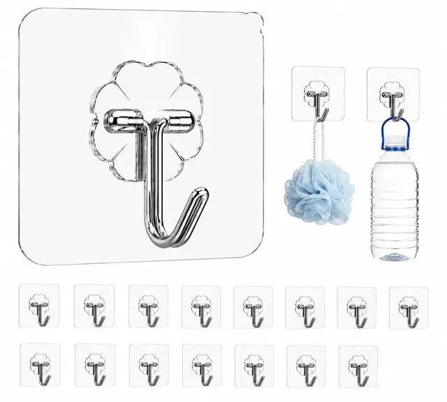 Main image of Adhesive Wall Hooks, Clear, Plastic, Heavy Duty, 16 Pack
