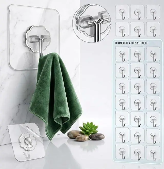 Alt view image 3 of 7 - Adhesive Wall Hooks, Clear, Plastic, Heavy Duty, 16 Pack