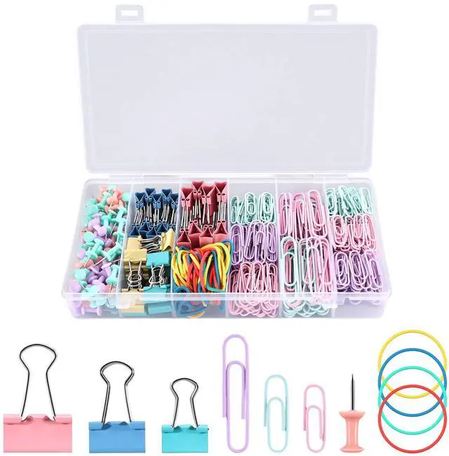 Main image of 500 PCS Paper Clips and Binder Clips Assorted Sizes, Colorful Metal Office Clips Push Pin Rubber Bands Set, for Home, School,Office Supplies,Document Organizing (Colored)