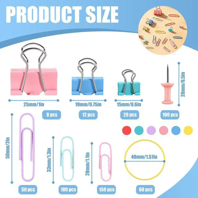 Alt view image 2 of 7 - 500 PCS Paper Clips and Binder Clips Assorted Sizes, Colorful Metal Office Clips Push Pin Rubber Bands Set, for Home, School,Office Supplies,Document Organizing (Colored)