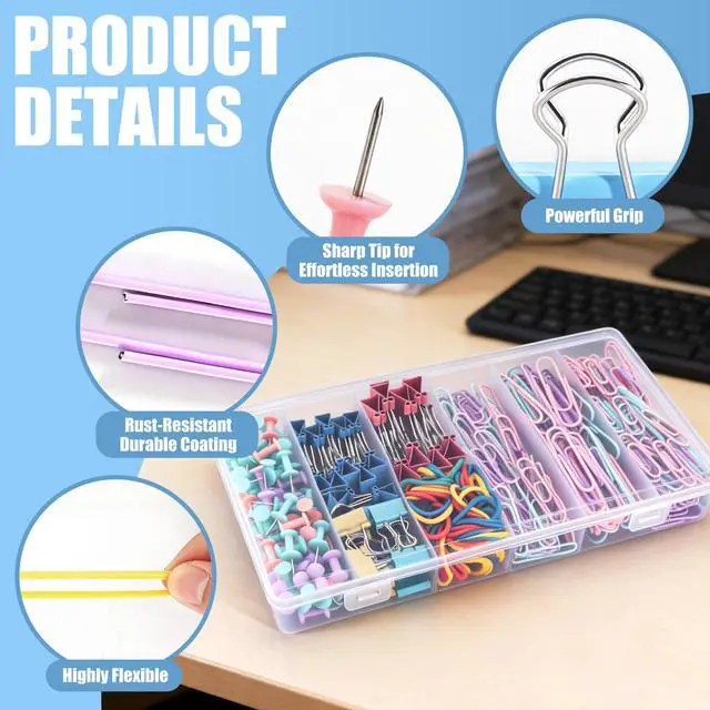 Alt view image 3 of 7 - 500 PCS Paper Clips and Binder Clips Assorted Sizes, Colorful Metal Office Clips Push Pin Rubber Bands Set, for Home, School,Office Supplies,Document Organizing (Colored)