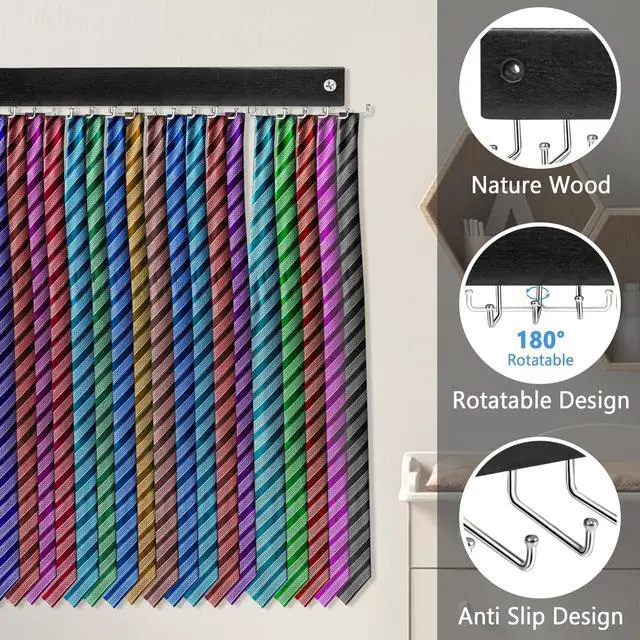Alt view image 3 of 7 - Tie Rack Wall Mounted, Tie, Belt and Scarf Hanger 20 Hook, Tie and Belt Organizer