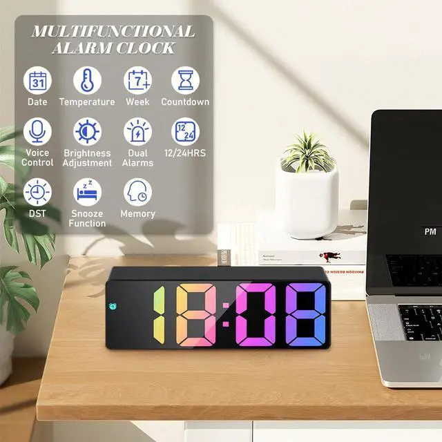 Alt view image 3 of 7 - Digital Alarm Clock, LED Clock with Big Display, Bedside Alarm Clock, Battery Powered Clock, Alarm Clock with Snooze Temperature Date Brightness Adjustable Voice Control for Home Office