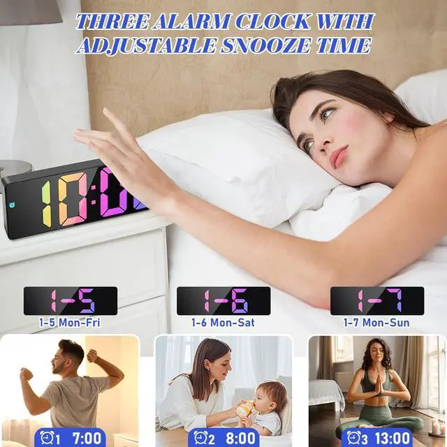 Alt view image 5 of 7 - Digital Alarm Clock, LED Clock with Big Display, Bedside Alarm Clock, Battery Powered Clock, Alarm Clock with Snooze Temperature Date Brightness Adjustable Voice Control for Home Office