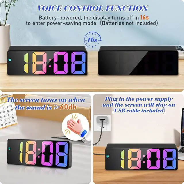 Alt view image 6 of 7 - Digital Alarm Clock, LED Clock with Big Display, Bedside Alarm Clock, Battery Powered Clock, Alarm Clock with Snooze Temperature Date Brightness Adjustable Voice Control for Home Office