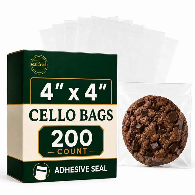 Main image of 4 x 4 Inch Cellophane Bags 200 Pack Clear Self-Sealing Resealable Treat Bags for Cookies, Candy, Pastries, Party Favors, Square Cello Packaging
