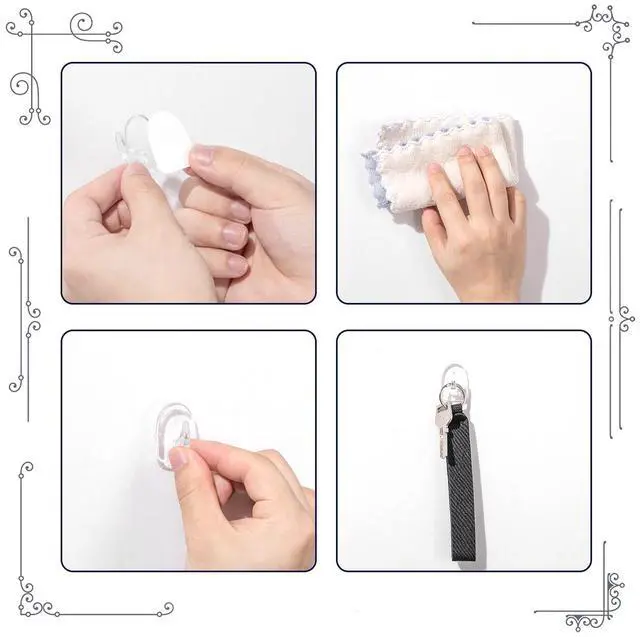 Alt view image 3 of 7 - 30 Pieces Clear Adhesive Wall Hooks for Hanging, Transparent Reusable Seamless Hooks Small Acrylic Sticky Hangers with Non Marking Sticker for Kitchen Bathroom Bedroom Office