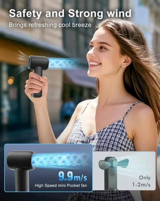 Alt view image 2 of 6 - Portable Handheld Fan, High Speed Turbo Mini Fan with 5 Speeds, 3000mAh USB-C Rechargeable Personal Fan, LED Digital Display, Small Pocket Fan for Travel, Camping, Concerts, Makeup (Black)