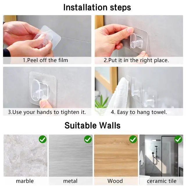 Alt view image 7 of 7 - Drill Free Wall Hooks for Towels & Robe, 10 Pack, Adhesion - Shower Hanger Hook Stick on Wall for Bathroom