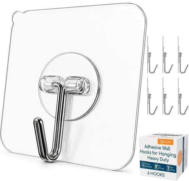 Main image of Adhesive Wall Hooks for Hanging, Heavy Duty No Drill, 22 lbs, 6 Pack