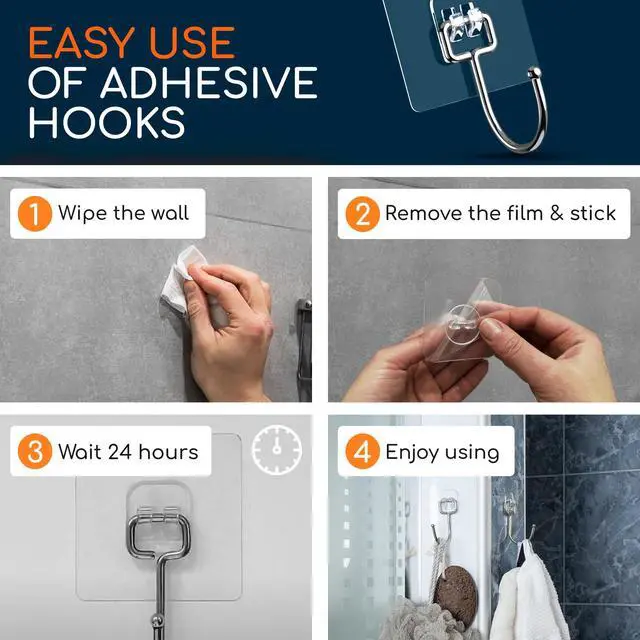 Alt view image 7 of 7 - Adhesive Wall Hooks for Hanging, Heavy Duty No Drill, 22 lbs, 6 Pack