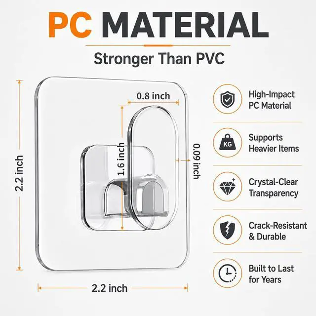 Alt view image 2 of 7 - 18 Pack Adhesive Wall Hooks for Hanging Heavy Duty 22lb(Max), Upgraded Clear PC No Drill Towel Hooks, Waterproof Sticky Hangers for Home, Bathroom, Kitchen, Shower, Keys, Office & Outdoor